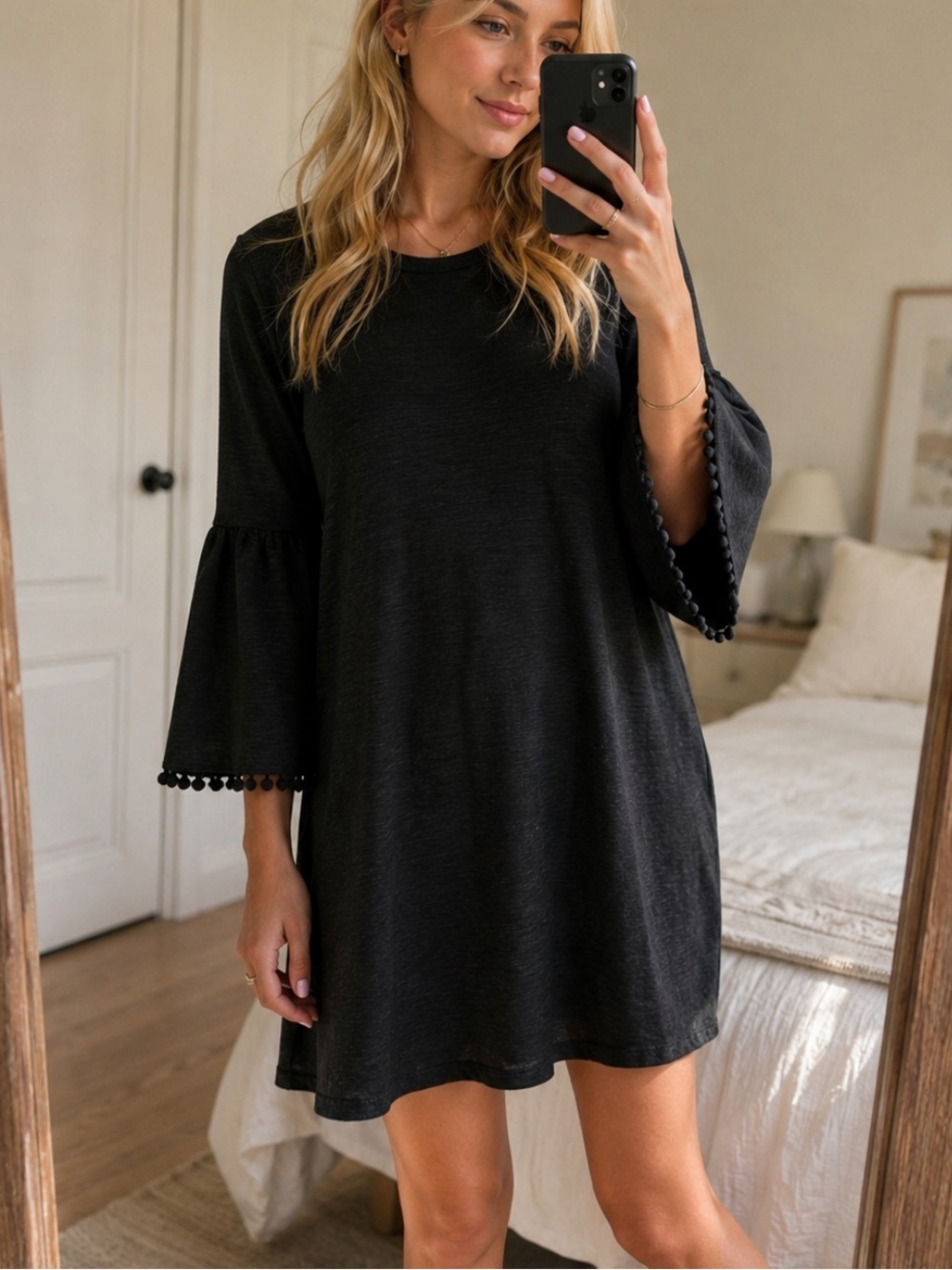 Johnny Was Calmé Black Flute Sleeve Swing Mini Dress Size Medium 54531
